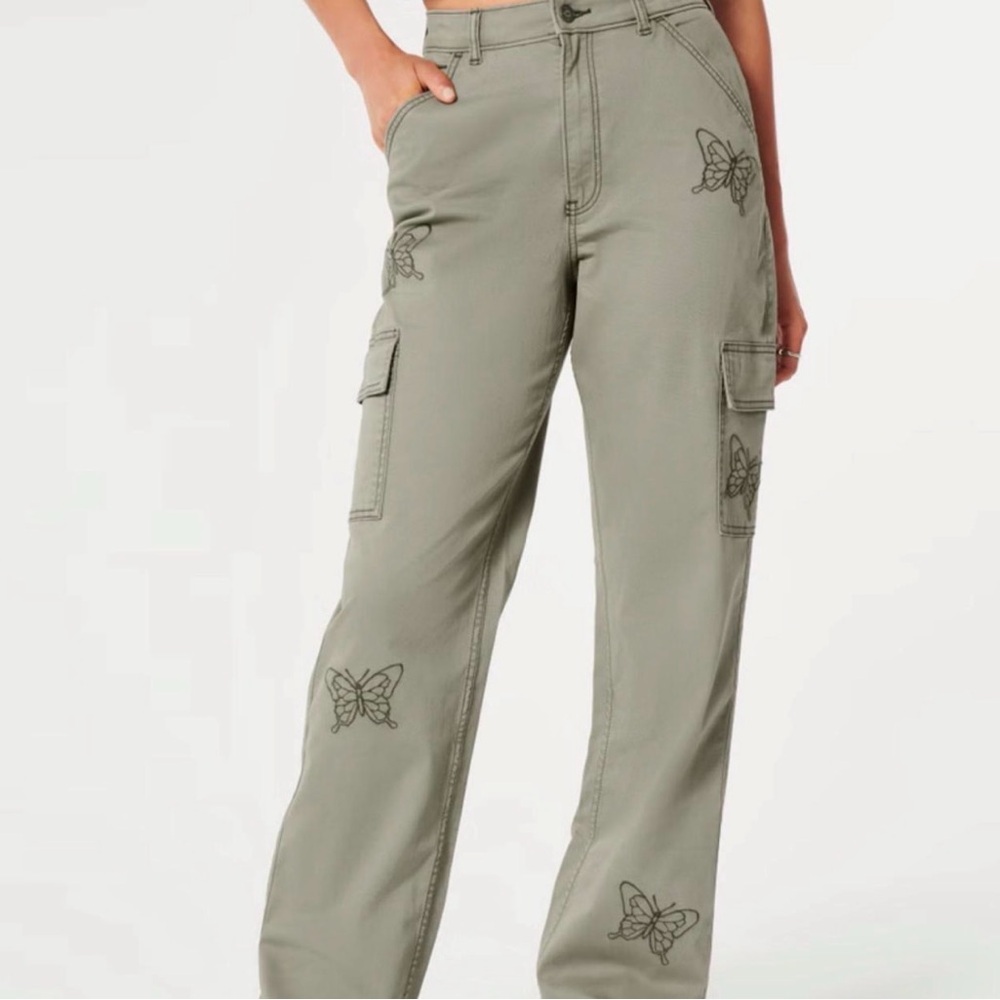 Hollister Ultra High Rise Olive Cargo Pants with Butterfly Embroidery